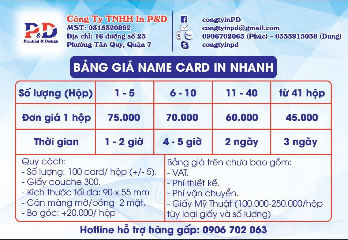 Namecard In Nhanh Giấy Thường (C300) 4 Bảng giá in Namecard